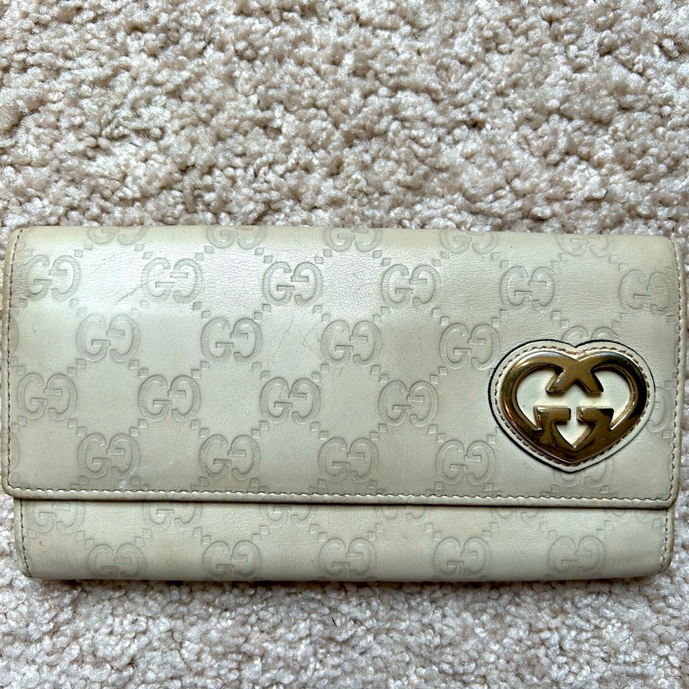 GUCCI Gucci Lovely Heart Gucci Sima Leather Long Wallet GG Pattern